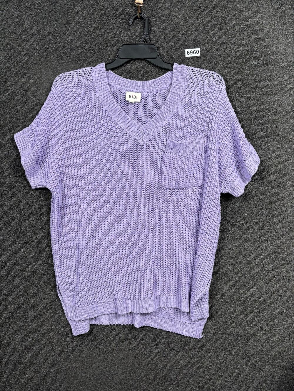 Bibi Sweater Tee Womens Size S Purple Front Pocket Short Sleeve Oversized